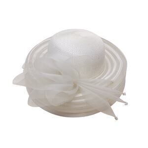 Vintage Hi's Classic White Sinamay Hat Tulle Bow Ruffle Brim Church Derby Veil